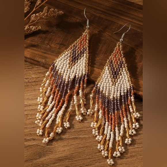 Handcrafted Brown White Bohemian Barbiecore Beaded Fringe Earrings-(#0162) - Picture 2 of 3